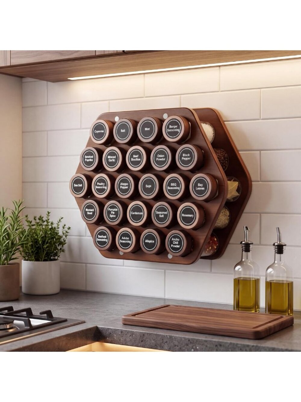 2-in-1 Wall Mount & Countertop Spice Rack with 24 Glass Jars - Kitchen Organizer